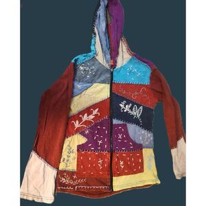 Hippie Boho Zip Up Embroidered Patchwork Hooded Nepal Jacket Size Medium‎